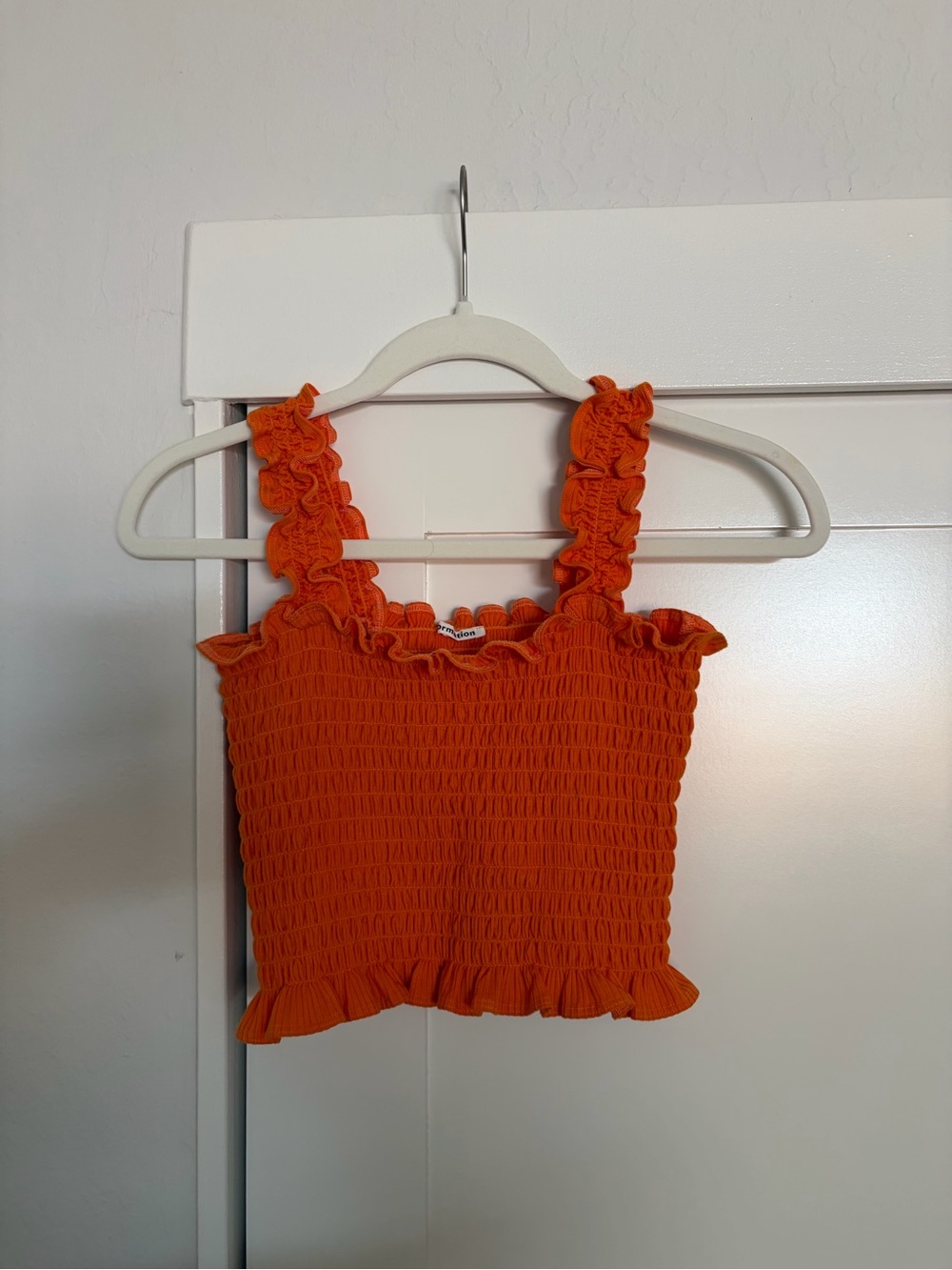Reformation Orange Ruffled Smocked Crop Top